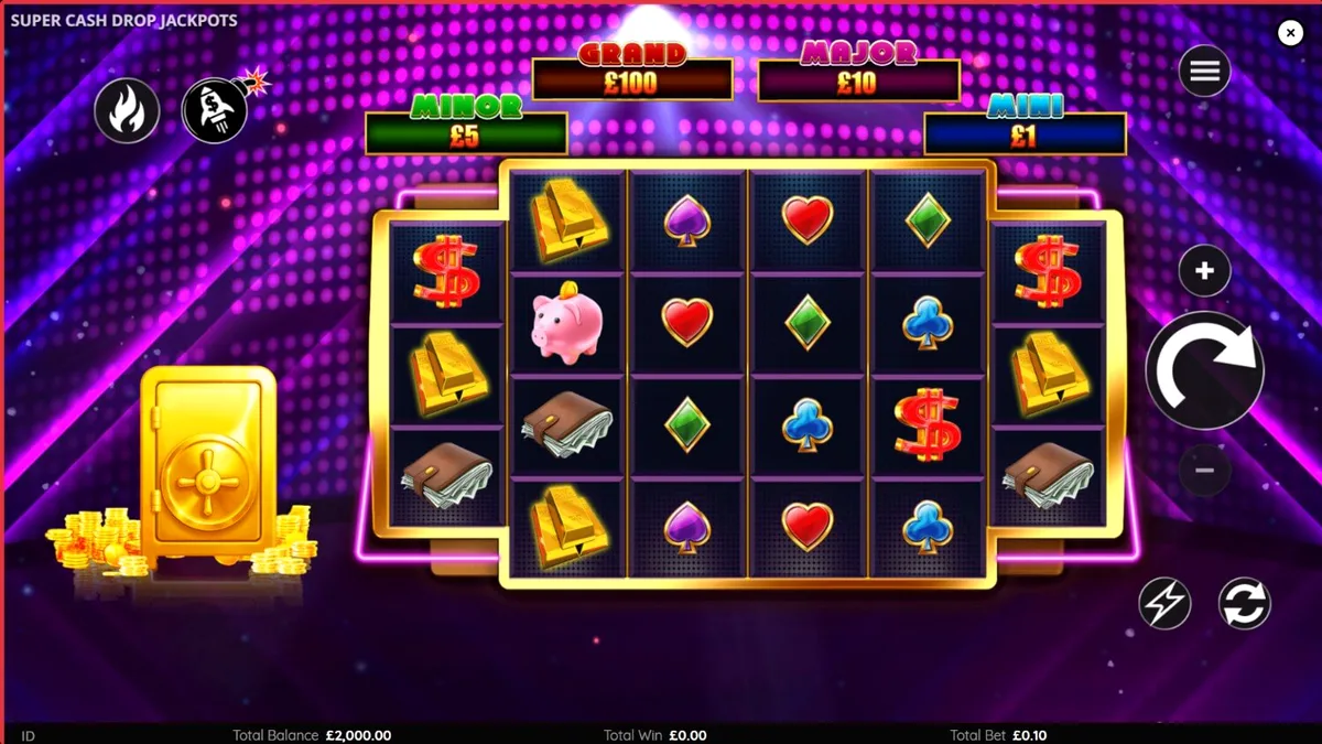 Tampilan layar permainan slot Super Cash Drop Jackpots dengan tema neon heist yang cerah.