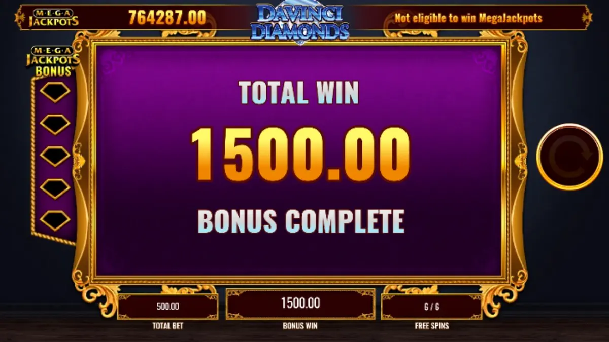 Tampilan visual slot Mega Jackpot DaVinci Diamonds dengan simbol permata dan karya seni klasik.