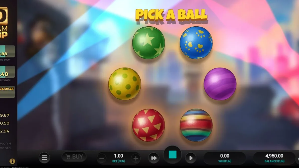 Tampilan antarmuka seluler slot Purrrminator Dream Drop dengan latar belakang kota dystopian neon.